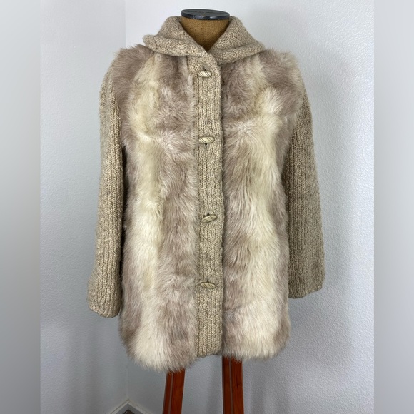 Vintage D'Esprit Dubrowsky and Peribinder Faux Fur Coat Modern M Knit Sleeves - Picture 1 of 16